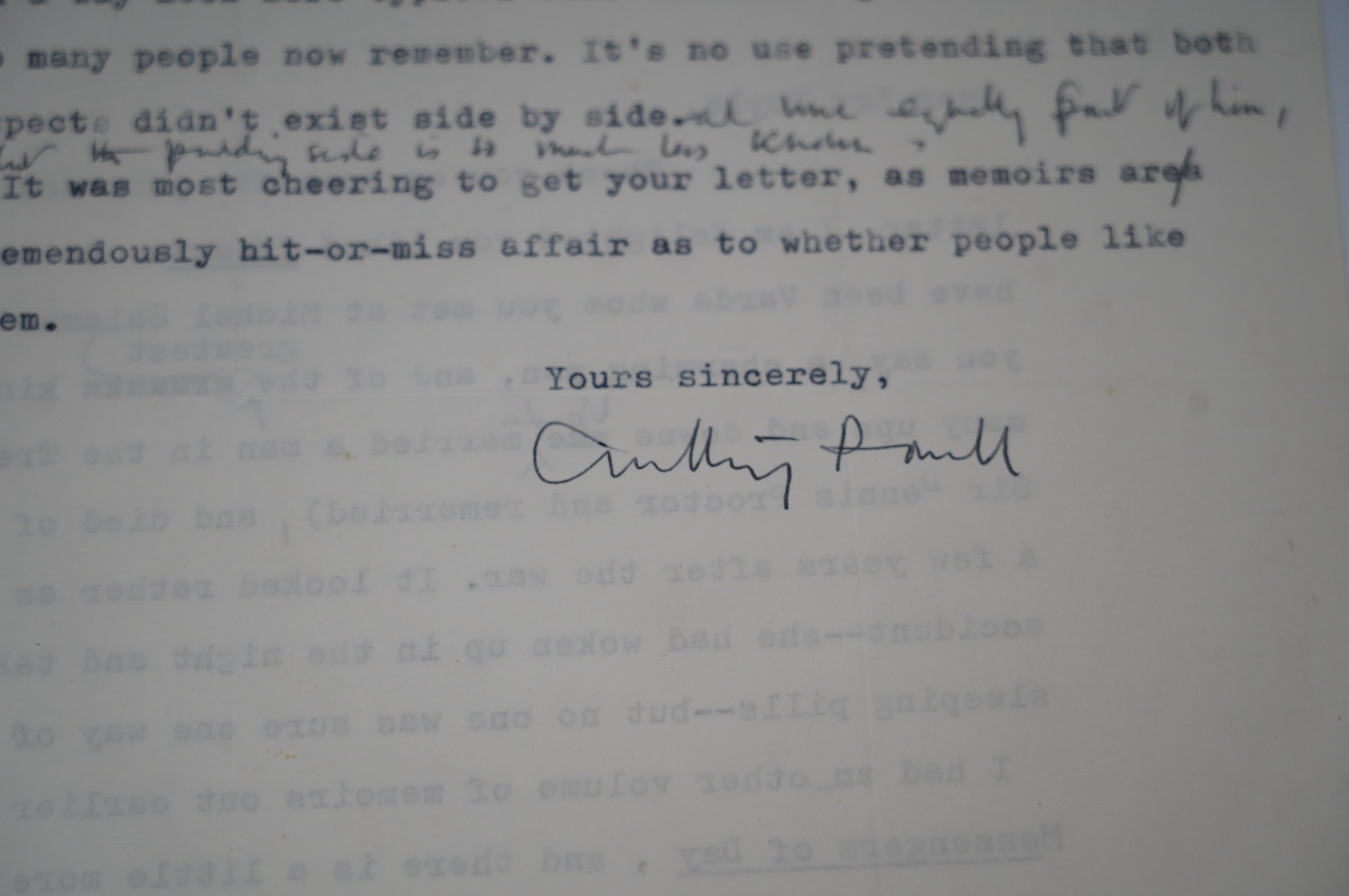 Anthony Powell (1905-2000). Typed letter with handwritten amendments and full signature, to a Mrs Hoyle, 7 December 1978. Discusses Infants of the Spring (1976), Messengers of Day (1978)